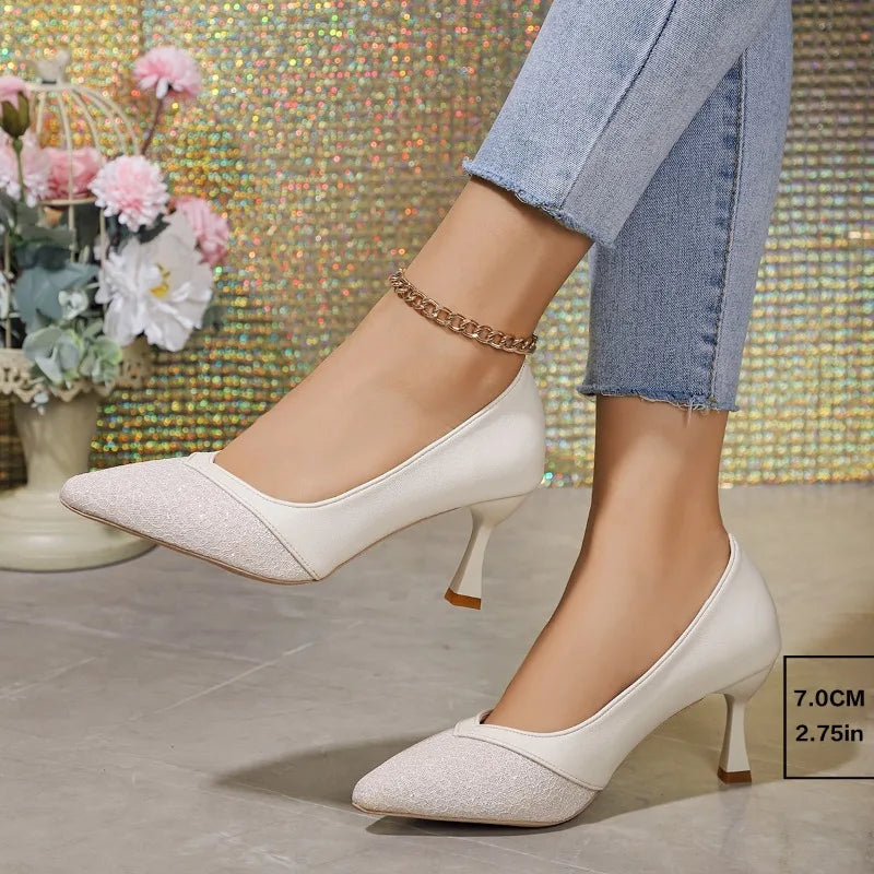 Sexy Pointed Exquisite Wedding Bride Casual Fashion Elegant Stiletto Low Heel Pump