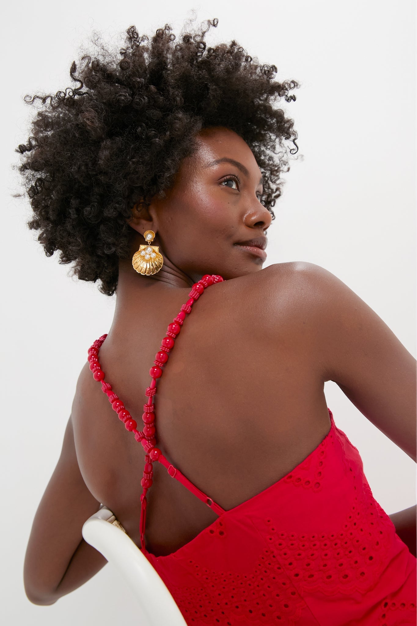 Red Eyelet Beaded Strap Midi Ibiza Dress