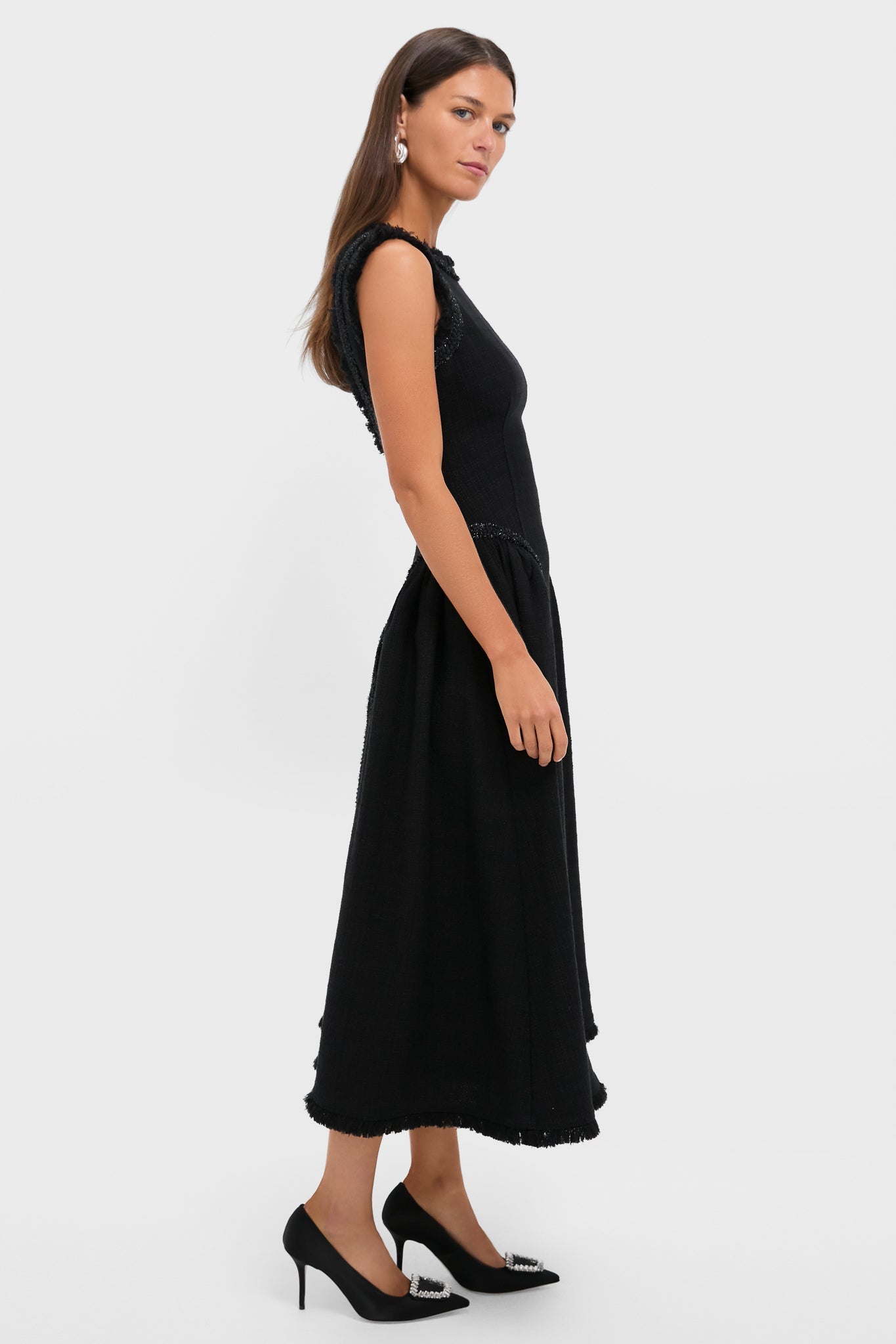 Black Boucle Sleeveless Midi Dress