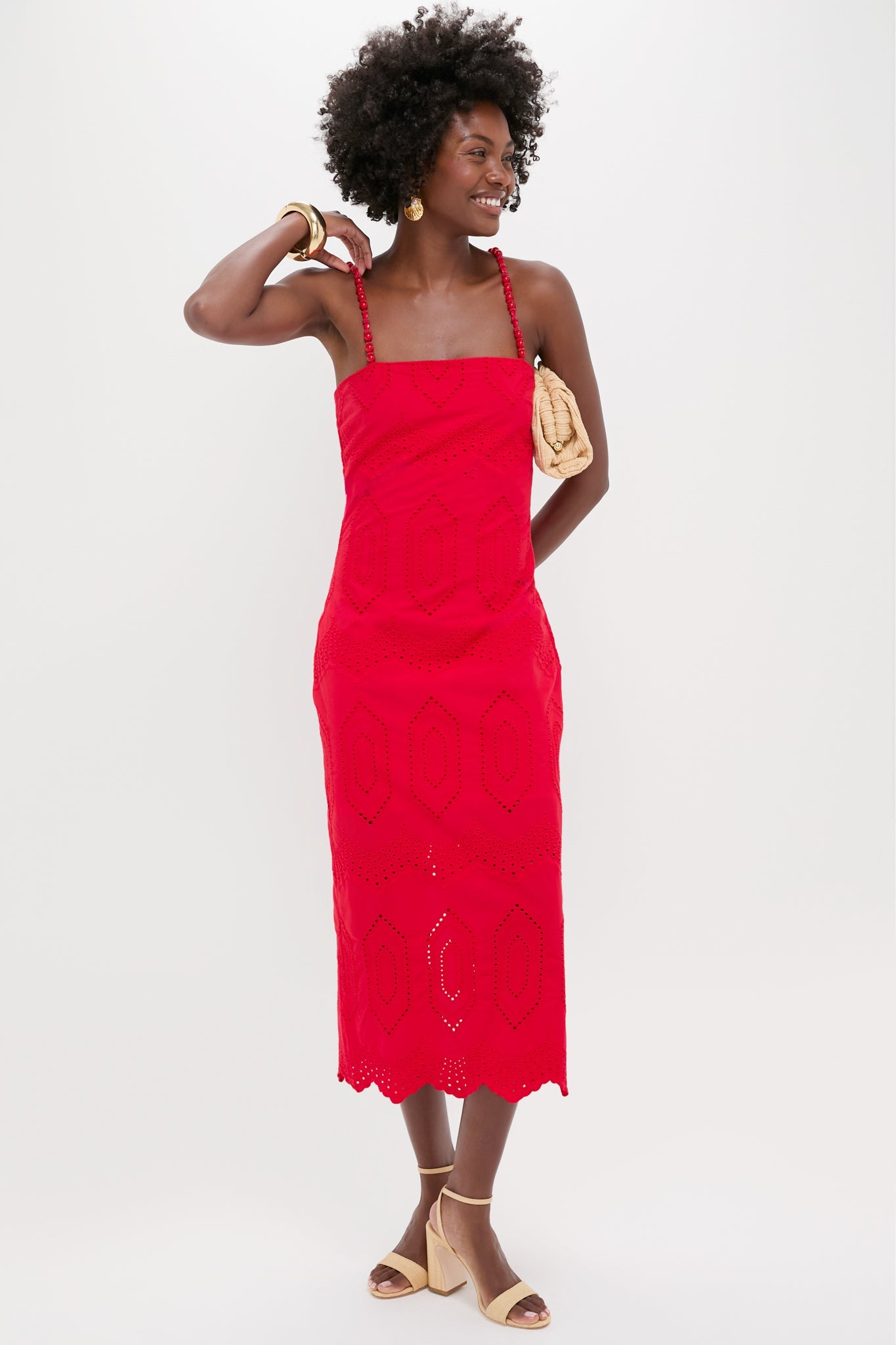 Red Eyelet Beaded Strap Midi Ibiza Dress