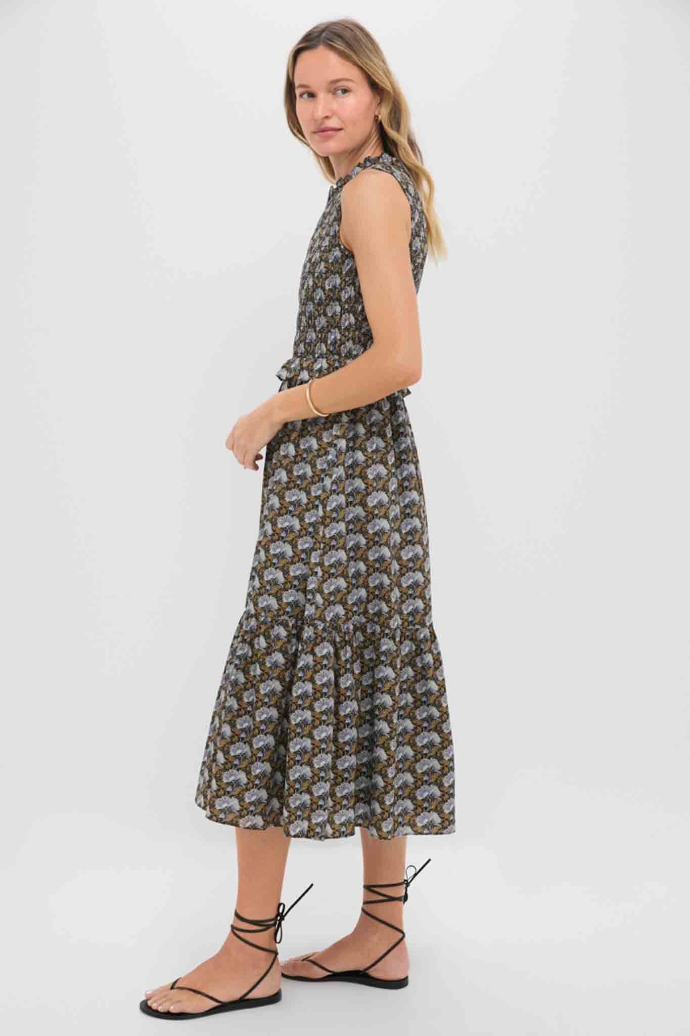 Black Leafy Floral Smocked Seaton Midi Dress