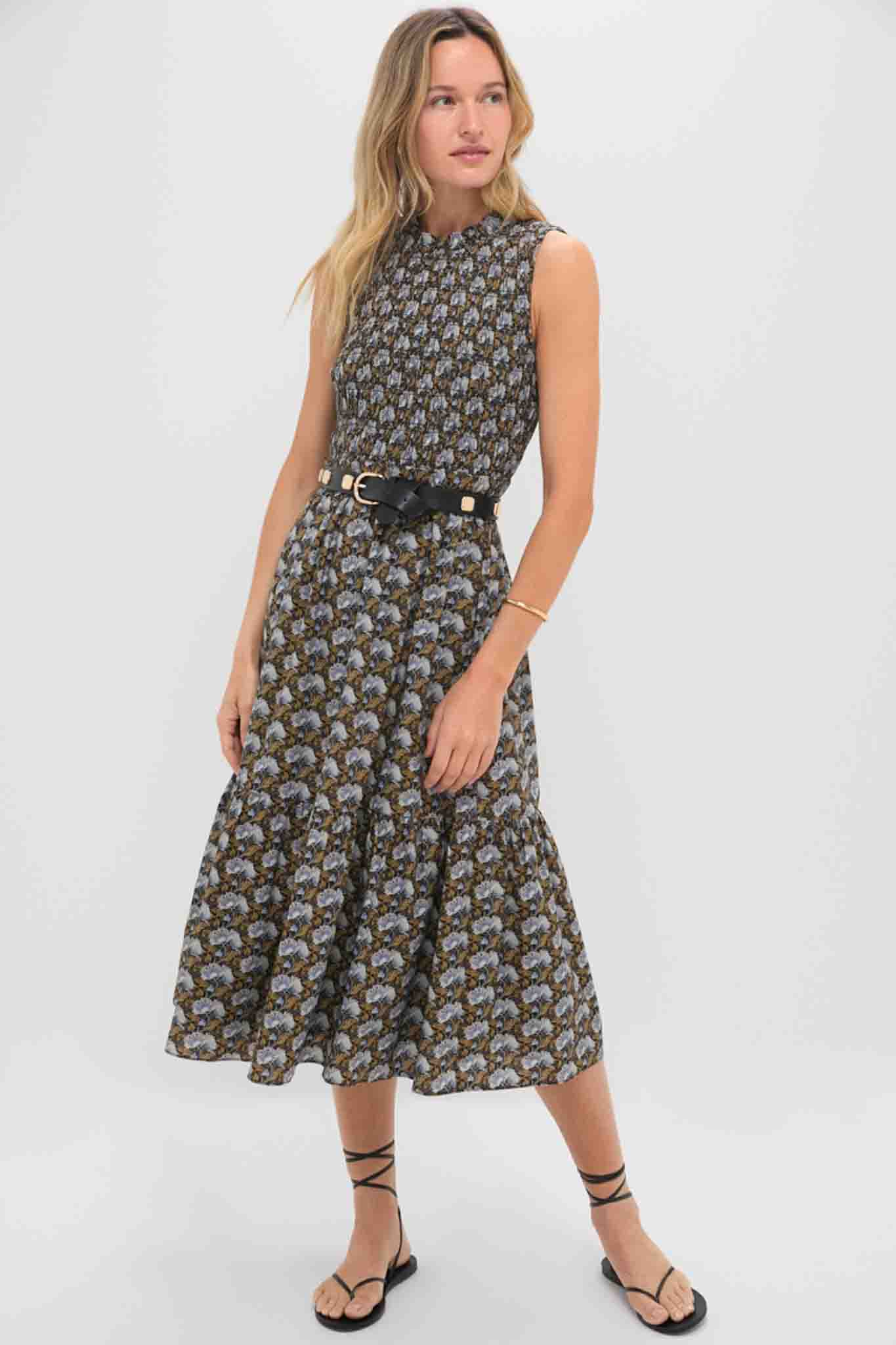 Black Leafy Floral Smocked Seaton Midi Dress