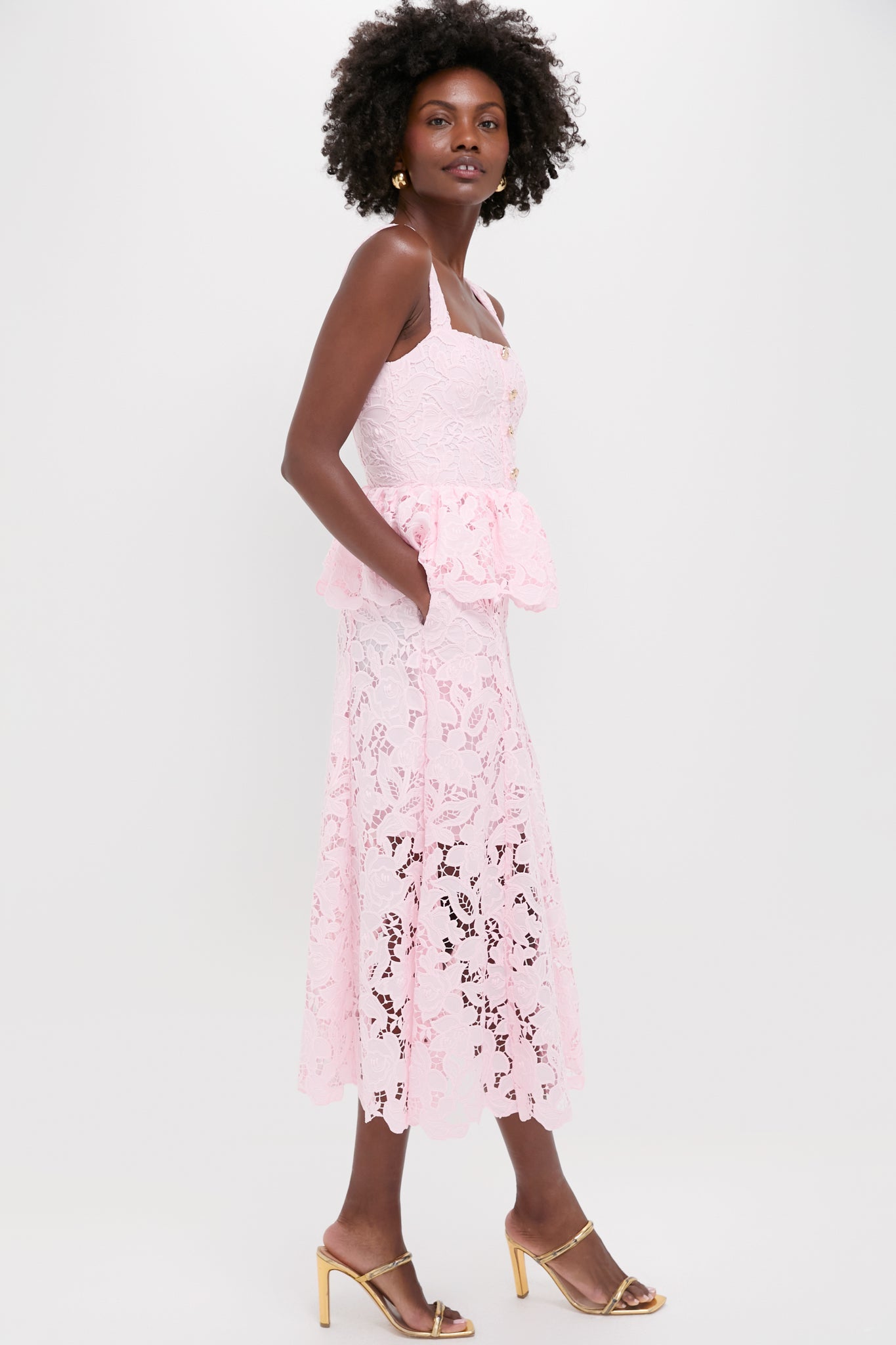 Pink Lace Peplum Midi Dress