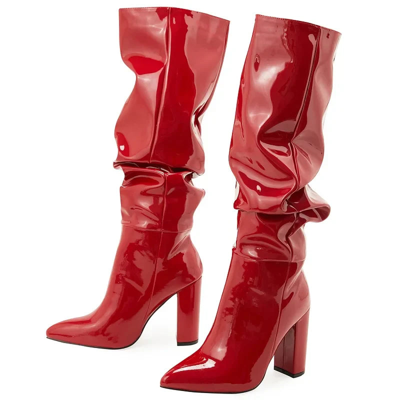 Sexy Street Designer Pointed Fashion Patent Leather Chunky High Heel Knee High Boot