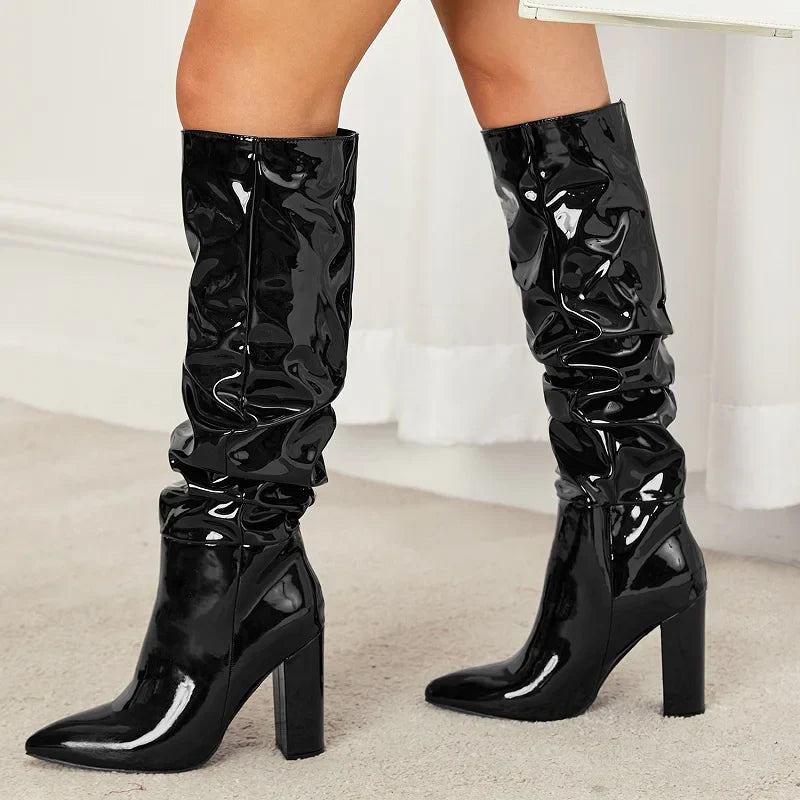 Sexy Street Designer Pointed Fashion Patent Leather Chunky High Heel Knee High Boot