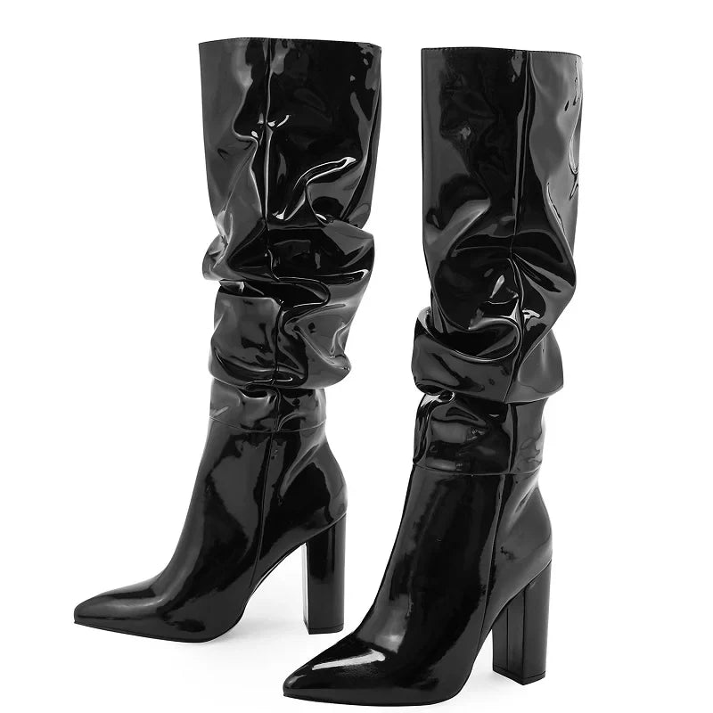 Sexy Street Designer Pointed Fashion Patent Leather Chunky High Heel Knee High Boot