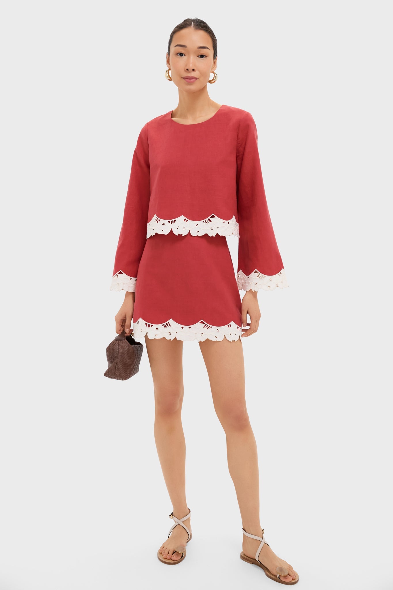 Red Eyelet Trim Cotton Linen Meg Mini Skirt