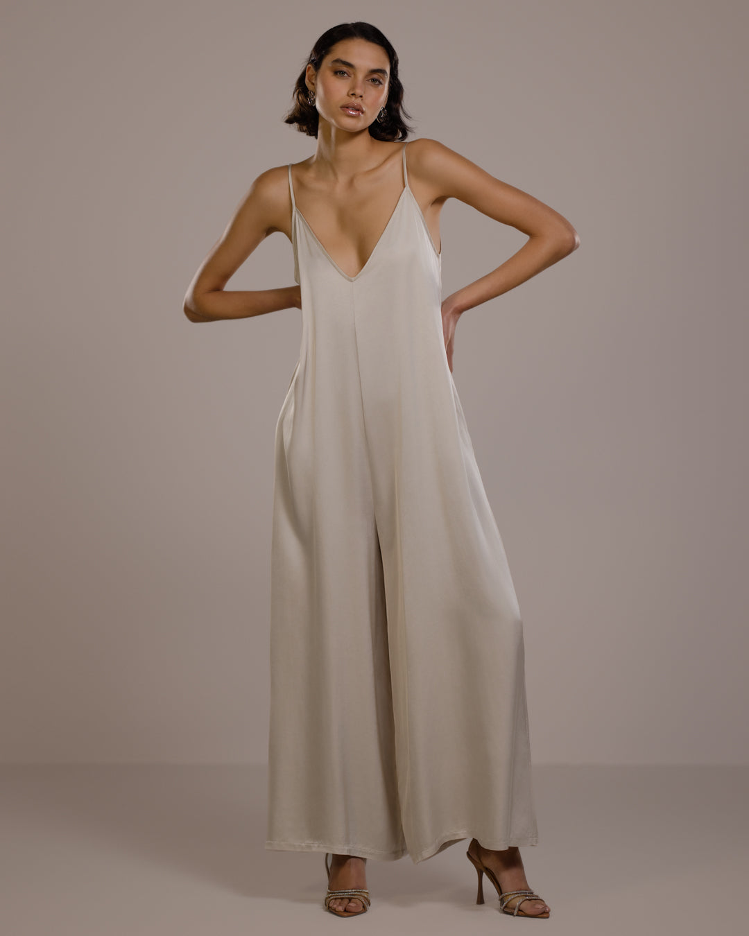 Audrey Satin Jumpsuit | Light Beige