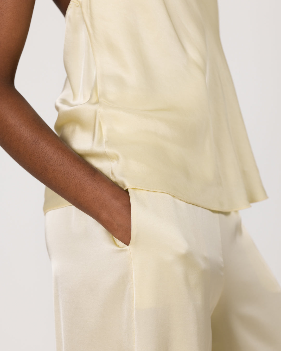 Giselle Elastic High Waist Satin Trousers | Butter Yellow Jo