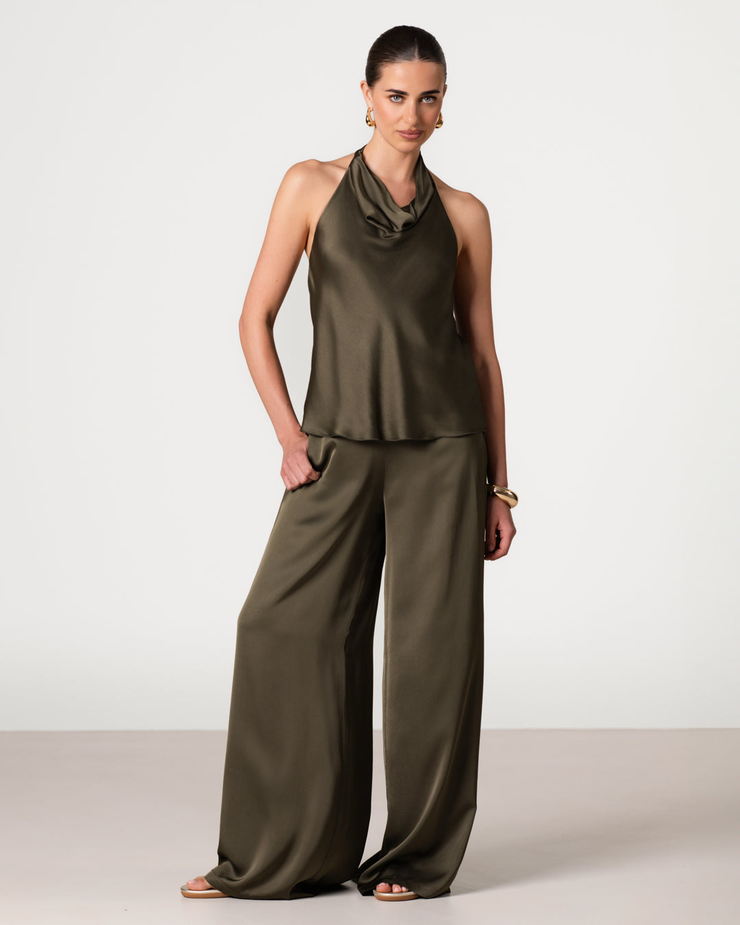 Giselle Elastic High Waist Satin Trousers | Khaki