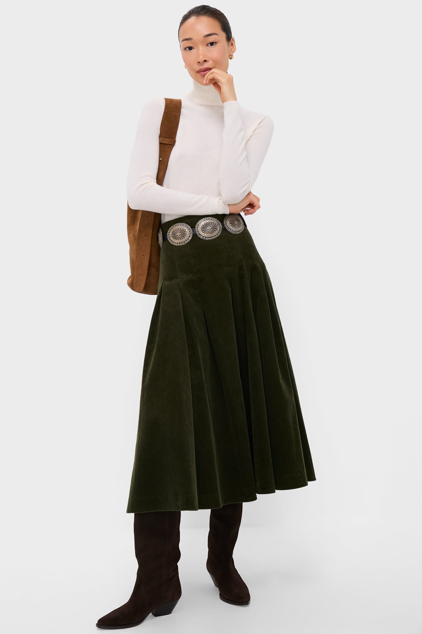 Olive Cord Woven Knee A-Line Skirt