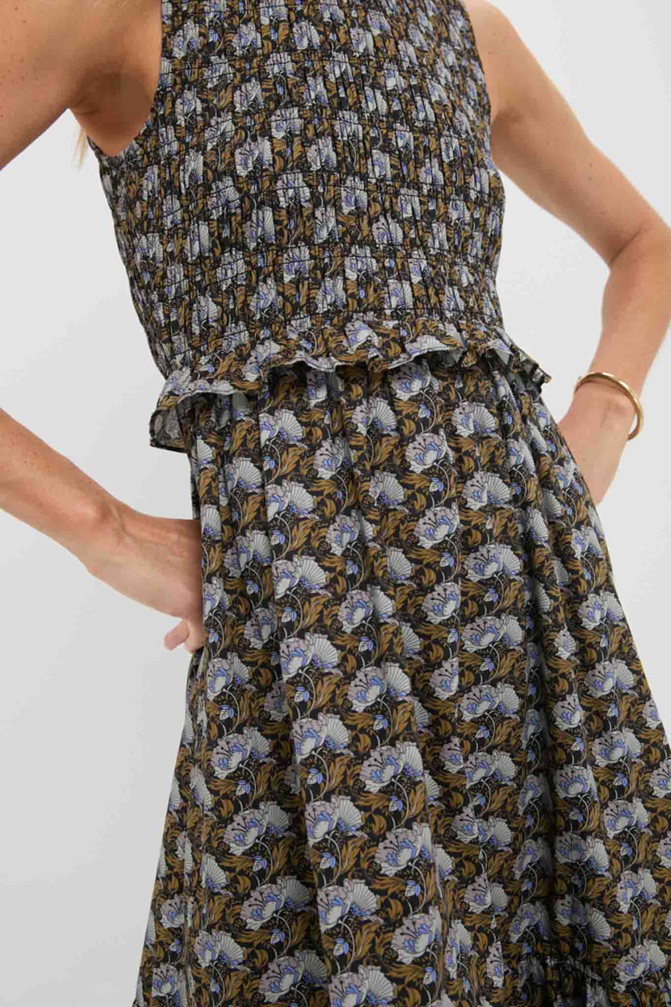 Black Leafy Floral Smocked Seaton Midi Dress