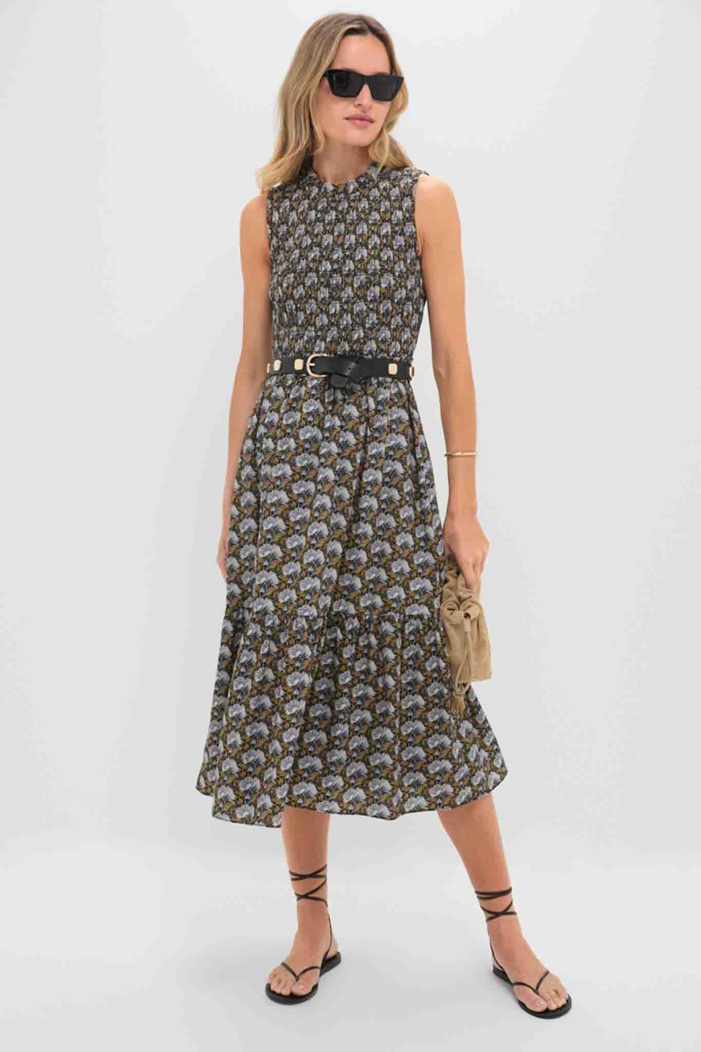 Black Leafy Floral Smocked Seaton Midi Dress