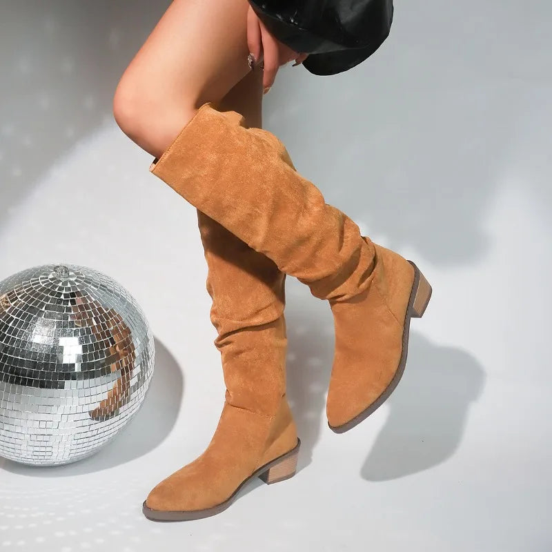 New Fashion Trendy British Retro Brown Autumn Suede Casual Big Knee High Boot