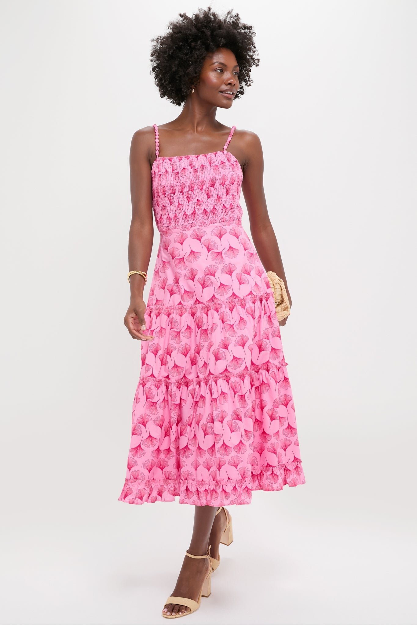 Pink and Raspberry Ginkgo Floral Augustine Midi Dress