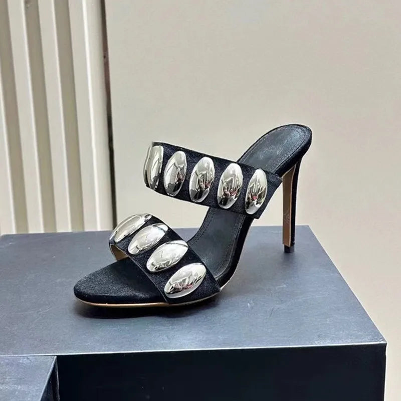 Metal Ornamental Gothic Suede Slippers Tall Heel