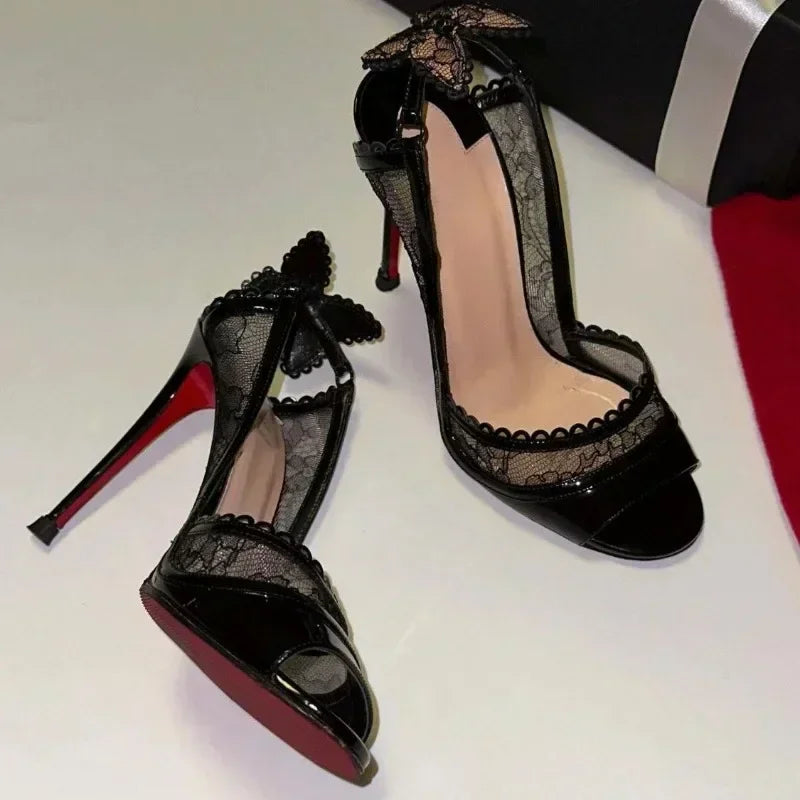 Lace Bow Gothic Slingback Sandals Tall Heel