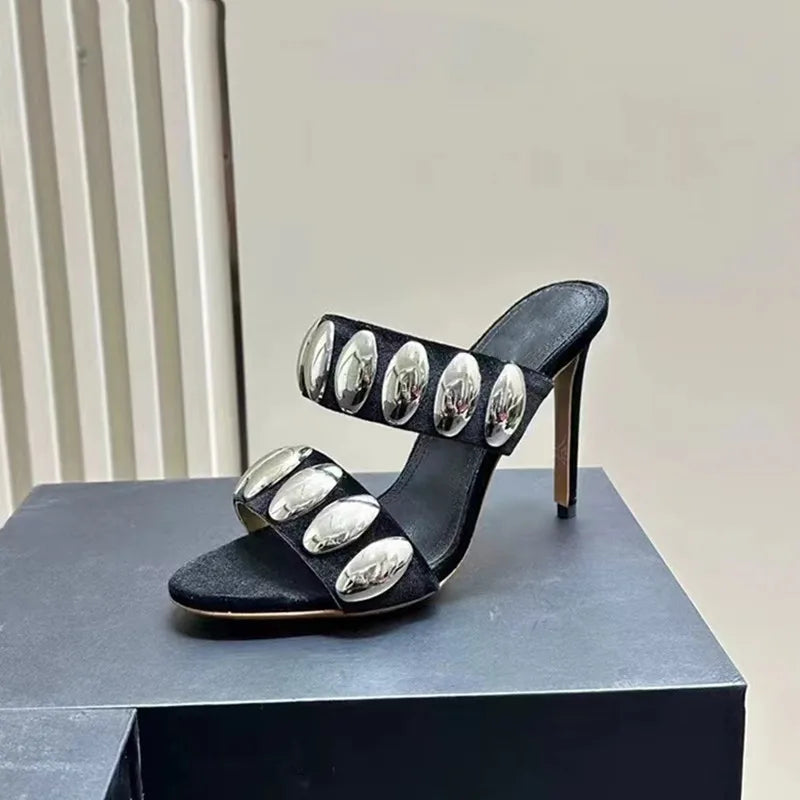Metal Ornamental Gothic Suede Slippers Tall Heel