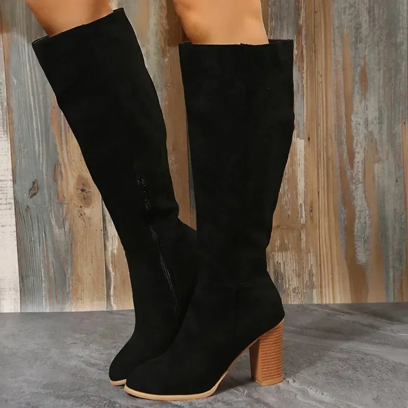 Retro High Heel Western Cowboy Chunky Winter Warm Plush Leather Suede Knee High Boot
