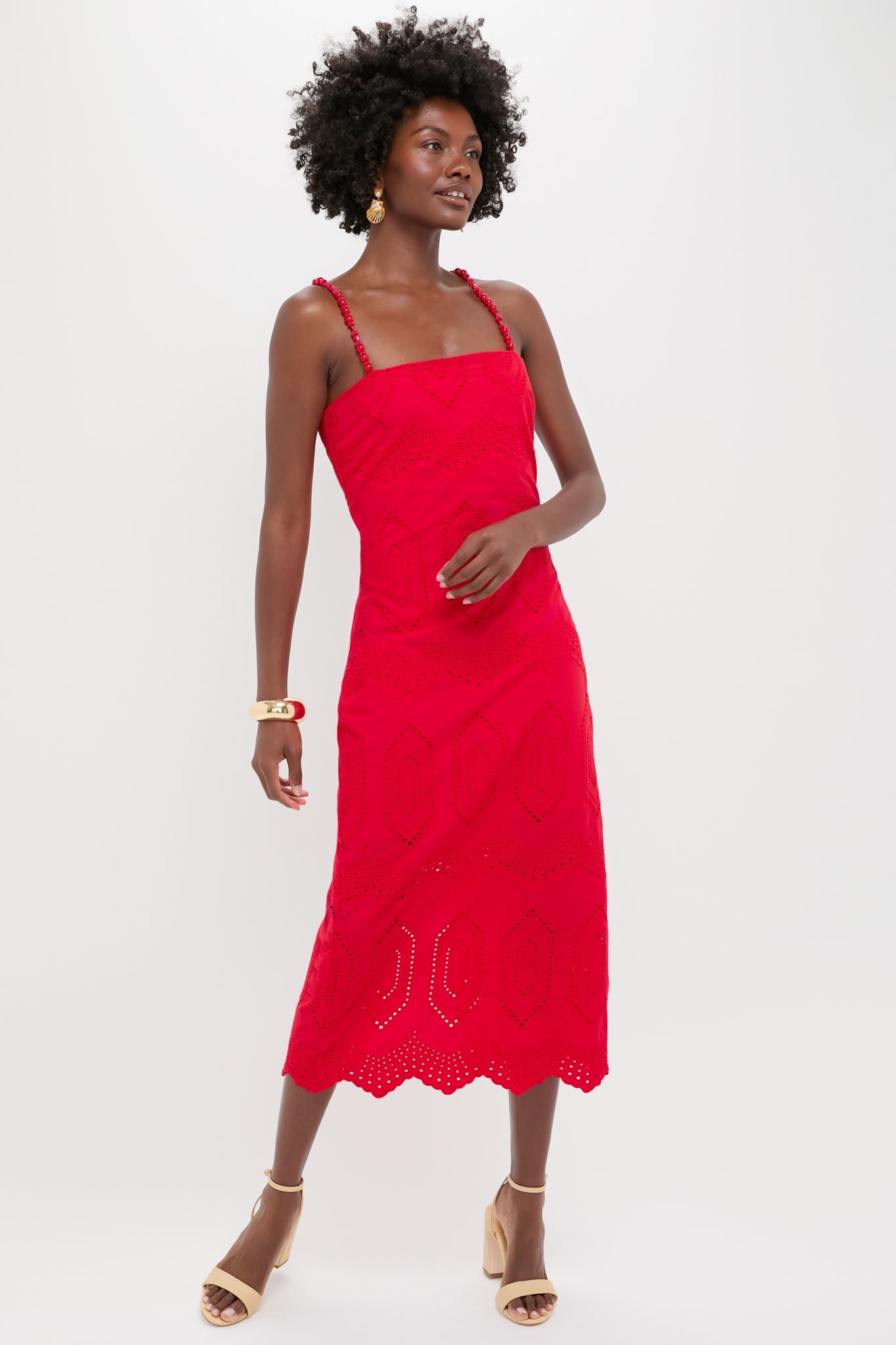 Red Eyelet Beaded Strap Midi Ibiza Dress