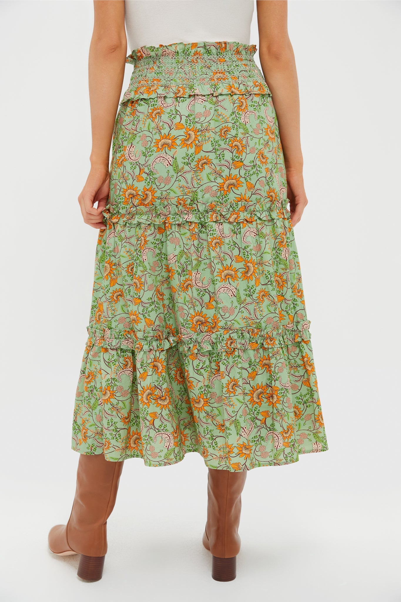 Mint and Orange Floral Smocked Odette Midi Skirt