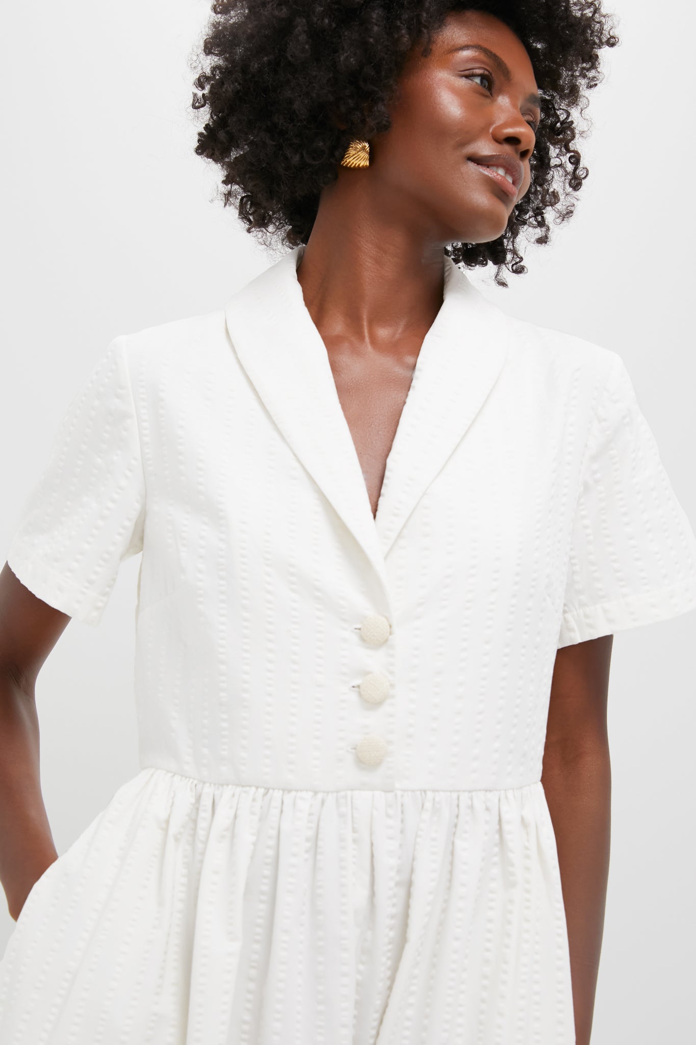 White Seersucker Shawl Collar Adelaide Dress