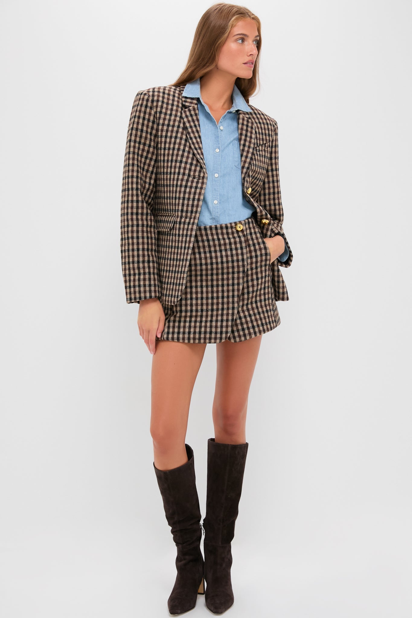 Chicory Coffee Check Wool Mix Skirt