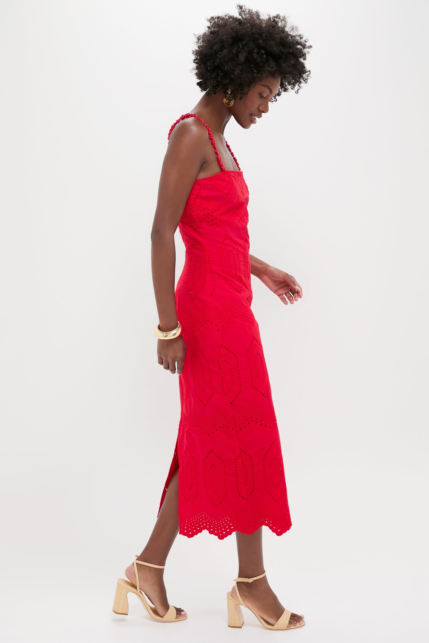 Red Eyelet Beaded Strap Midi Ibiza Dress