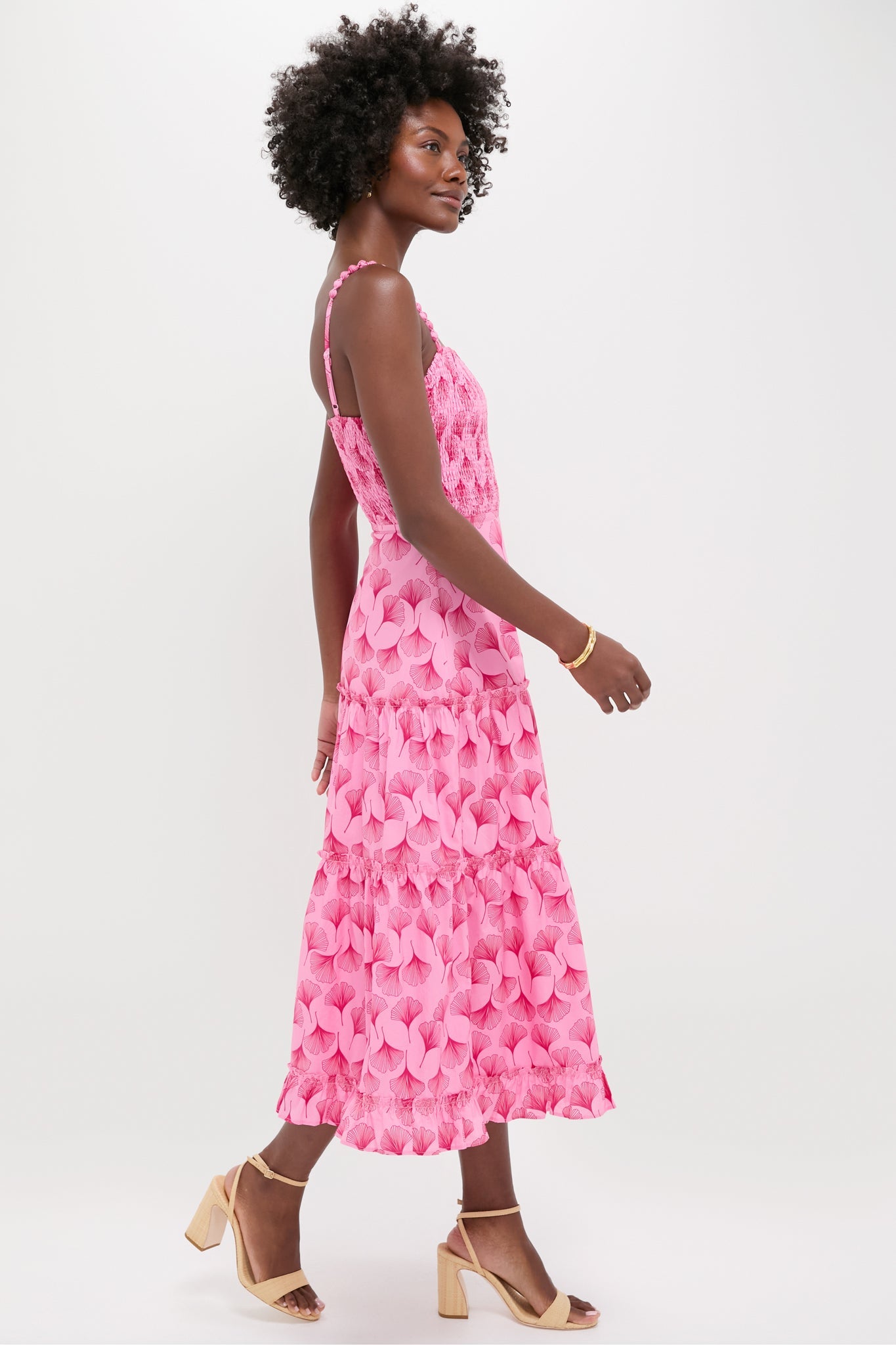Pink and Raspberry Ginkgo Floral Augustine Midi Dress