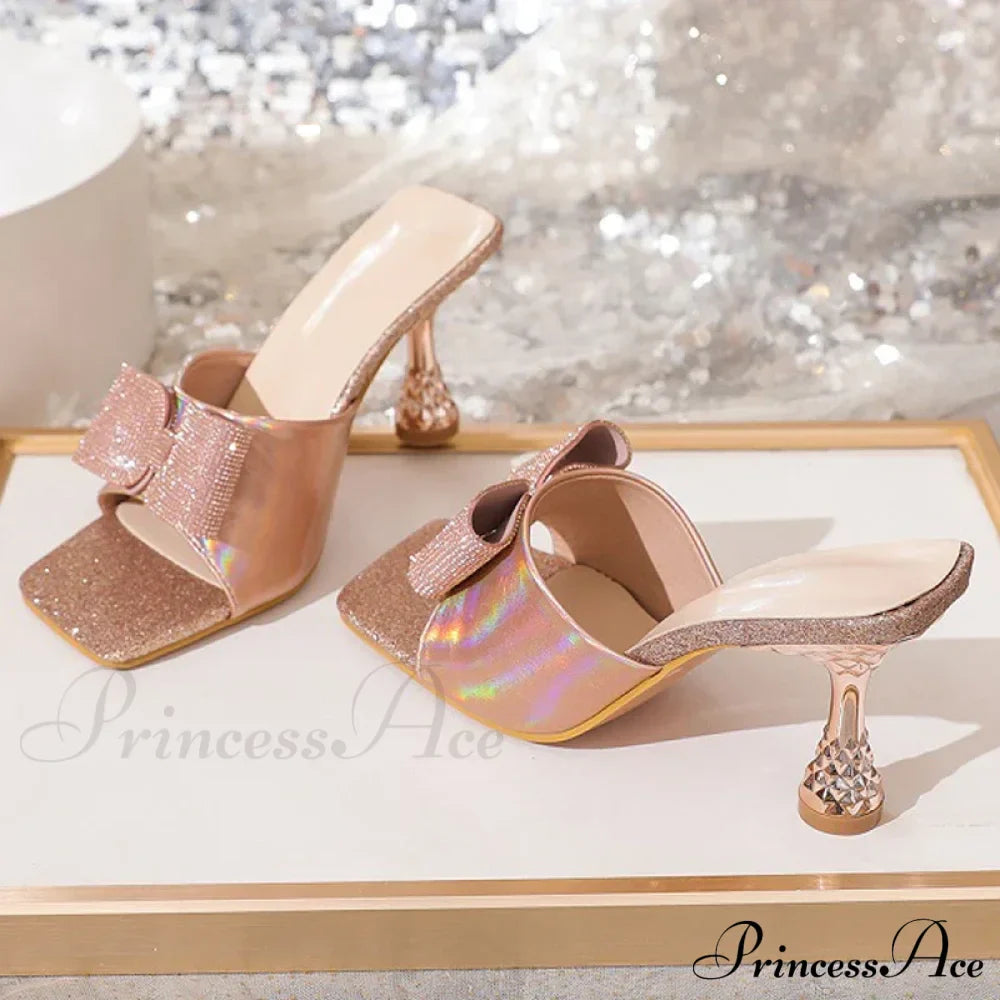 Square Toe Crystal Butterfly-knot Slippers Low Heels Summer Party Low Heel Pump