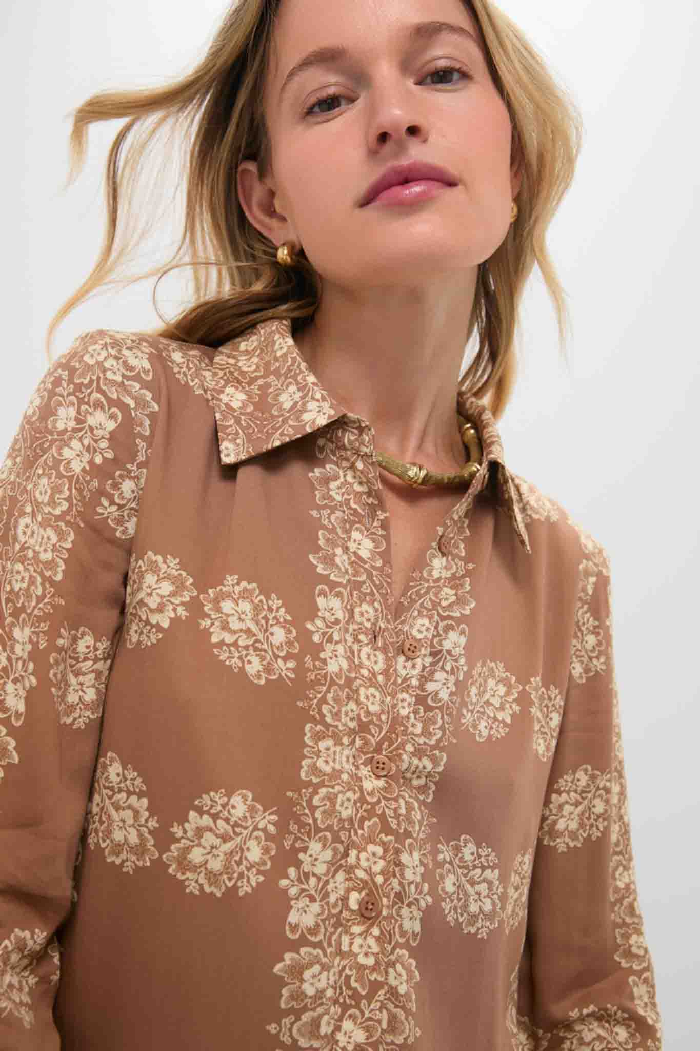 Tan Floral Miller Maxi Shirt Dress