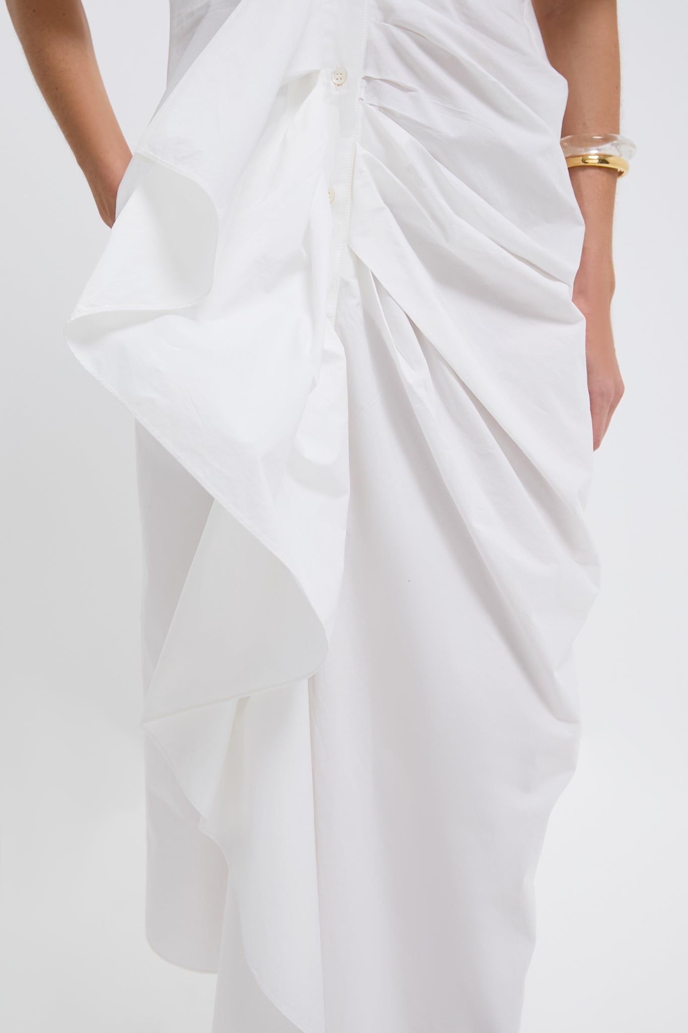 White Gathered Ruffle Shirt Dress