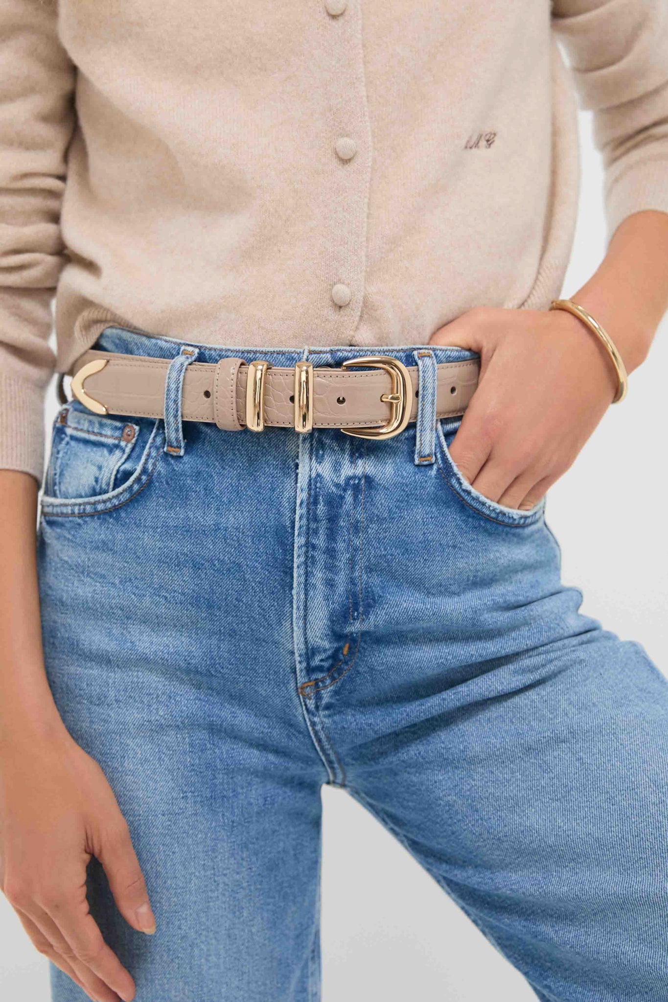 Taupe Croc-Embossed Western Belt