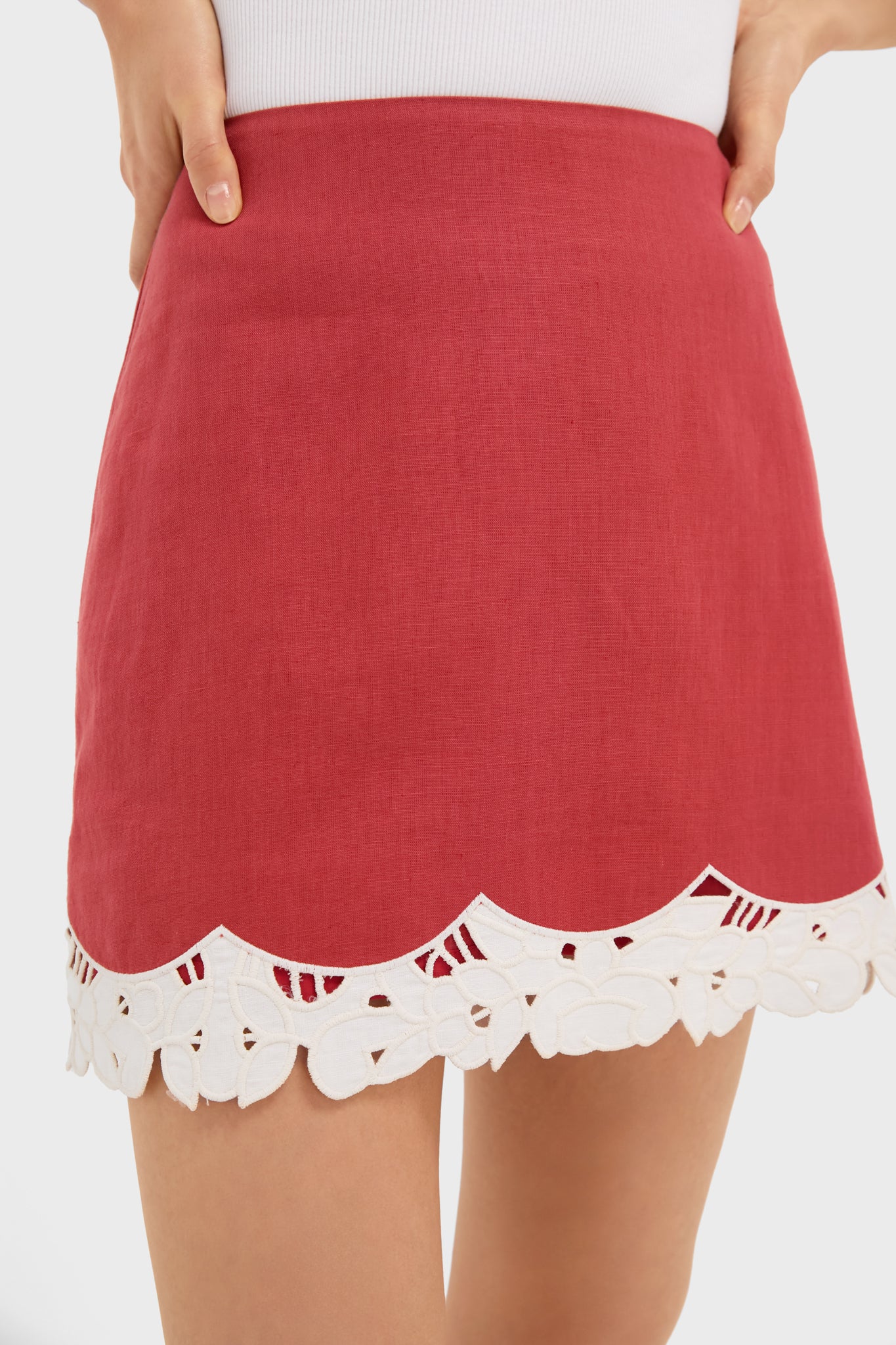 Red Eyelet Trim Cotton Linen Meg Mini Skirt