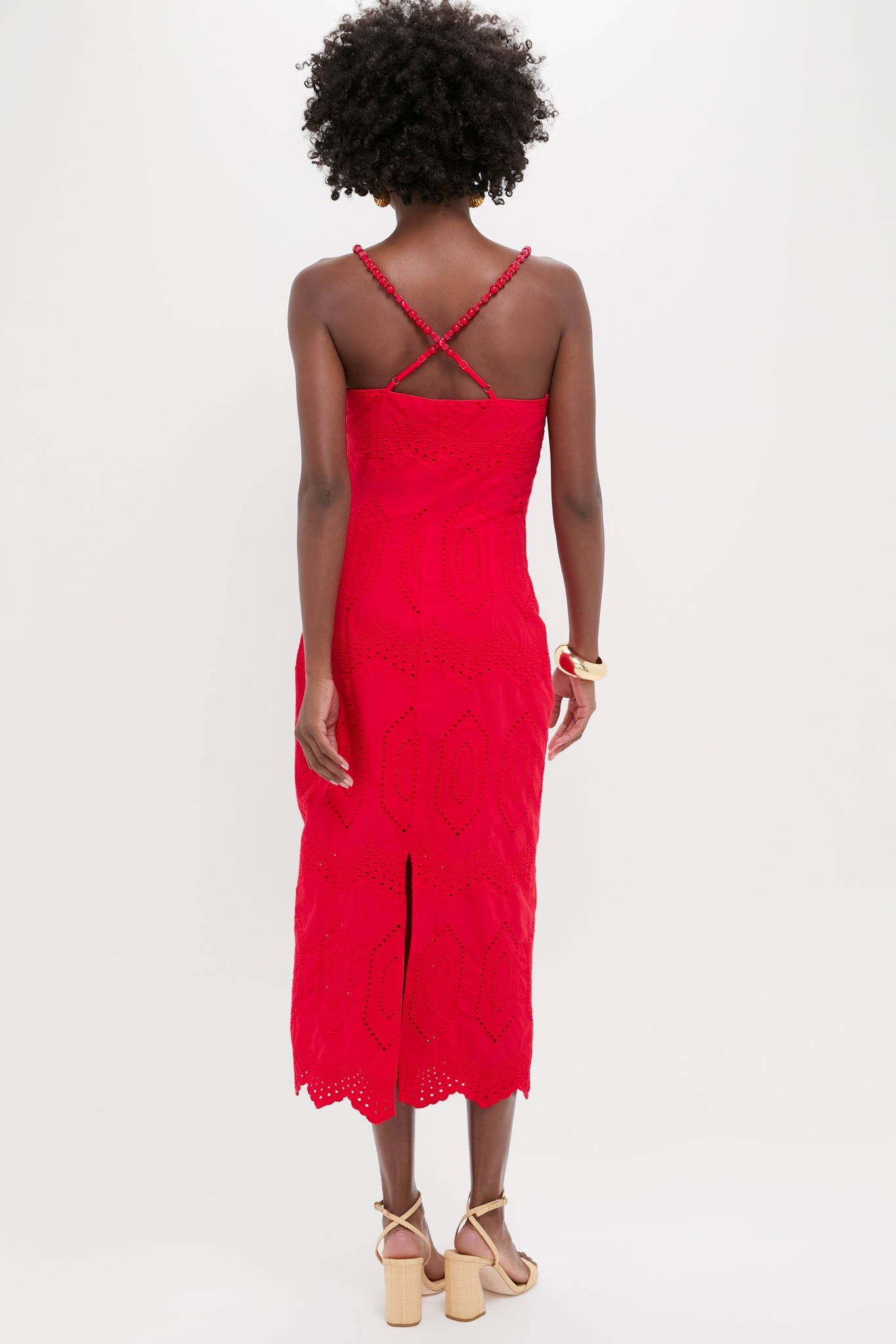 Red Eyelet Beaded Strap Midi Ibiza Dress