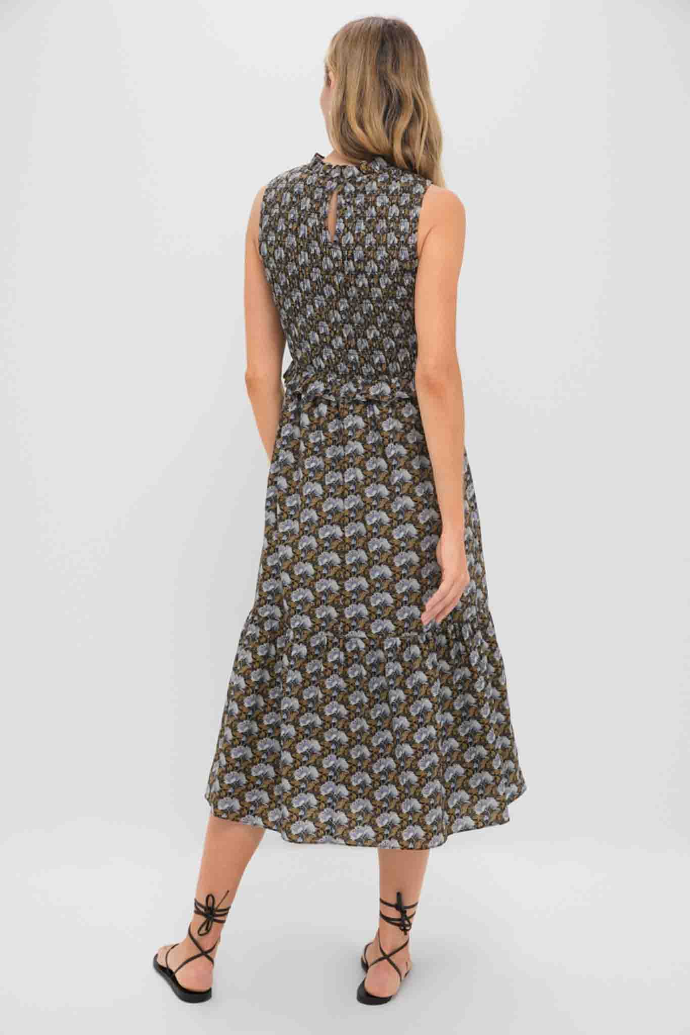 Black Leafy Floral Smocked Seaton Midi Dress