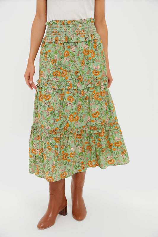 Mint and Orange Floral Smocked Odette Midi Skirt