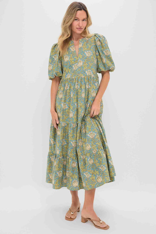 Blue and Green Leafy Floral Cisco Maxi Dress