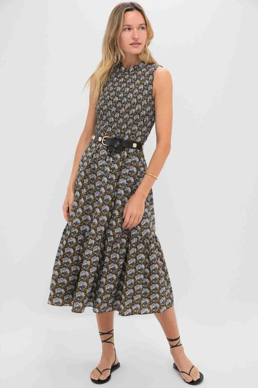 Black Leafy Floral Smocked Seaton Midi Dress
