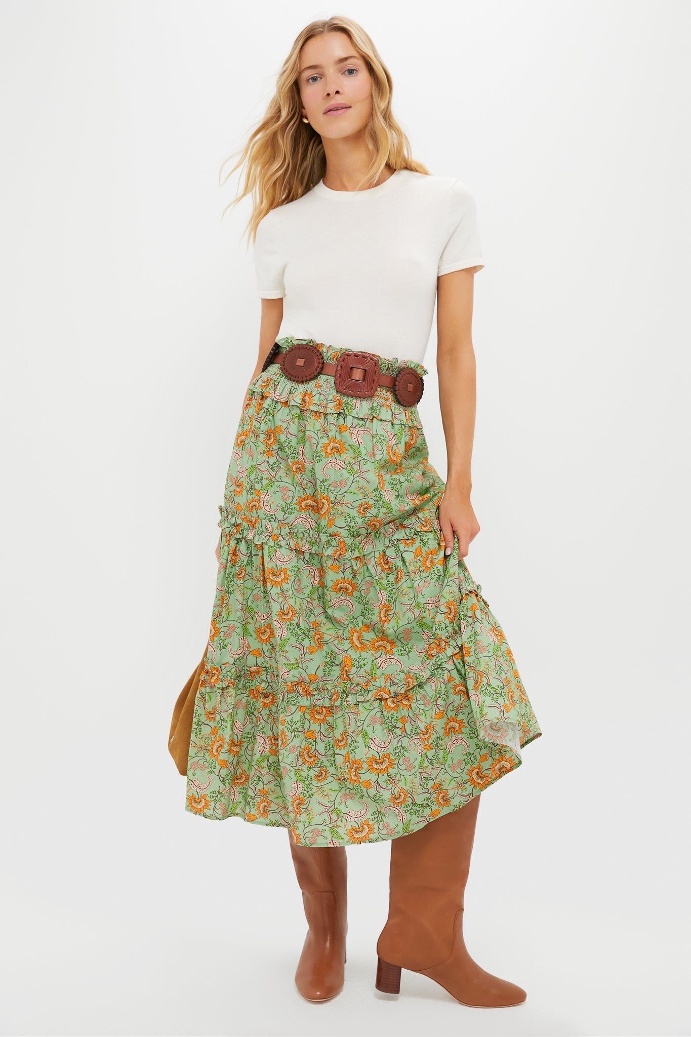 Mint and Orange Floral Smocked Odette Midi Skirt