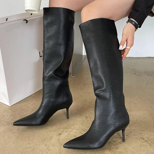 Fashion Pointed Designer Modern Party Western Long Thin Low Heel Knee High Boot