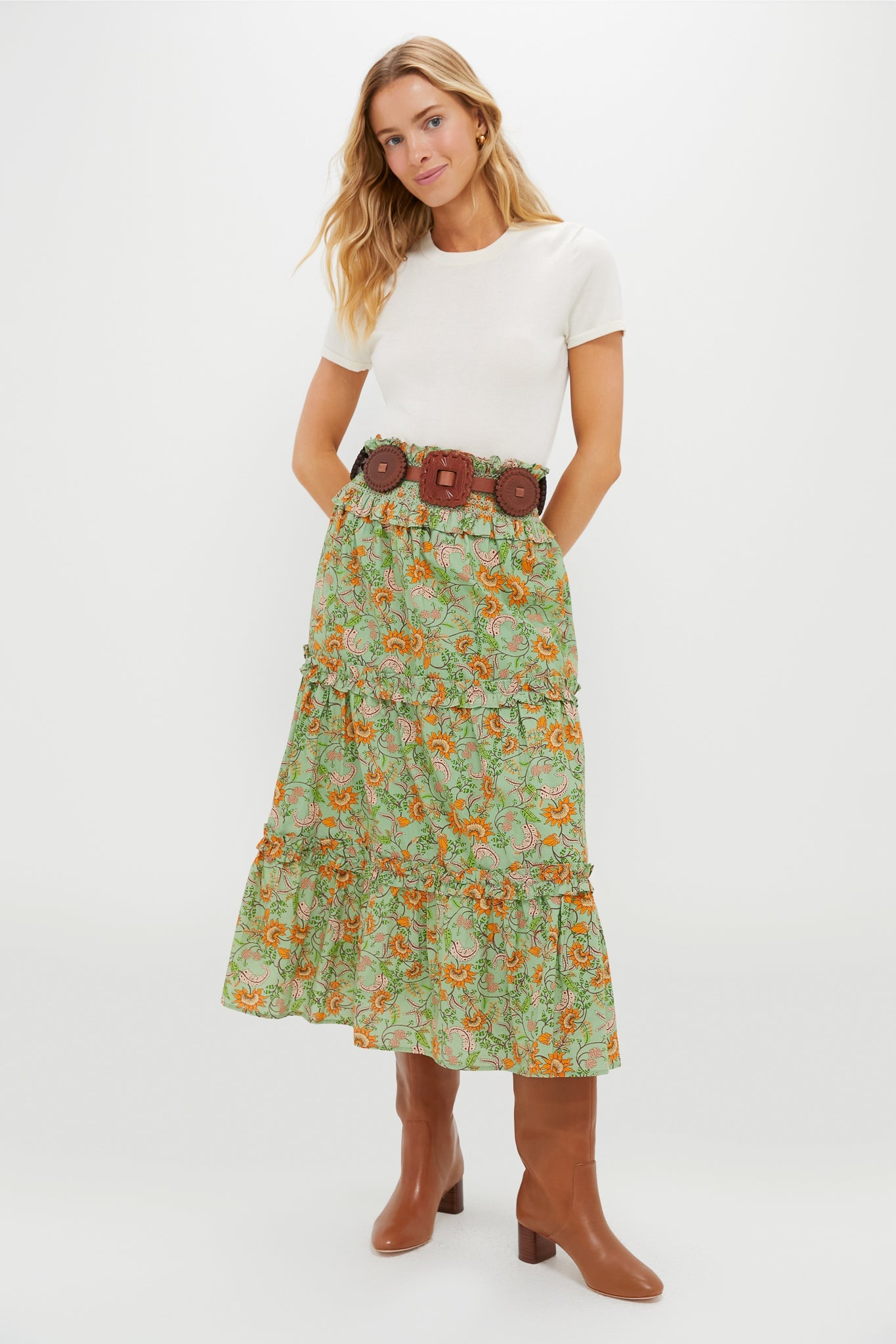Mint and Orange Floral Smocked Odette Midi Skirt