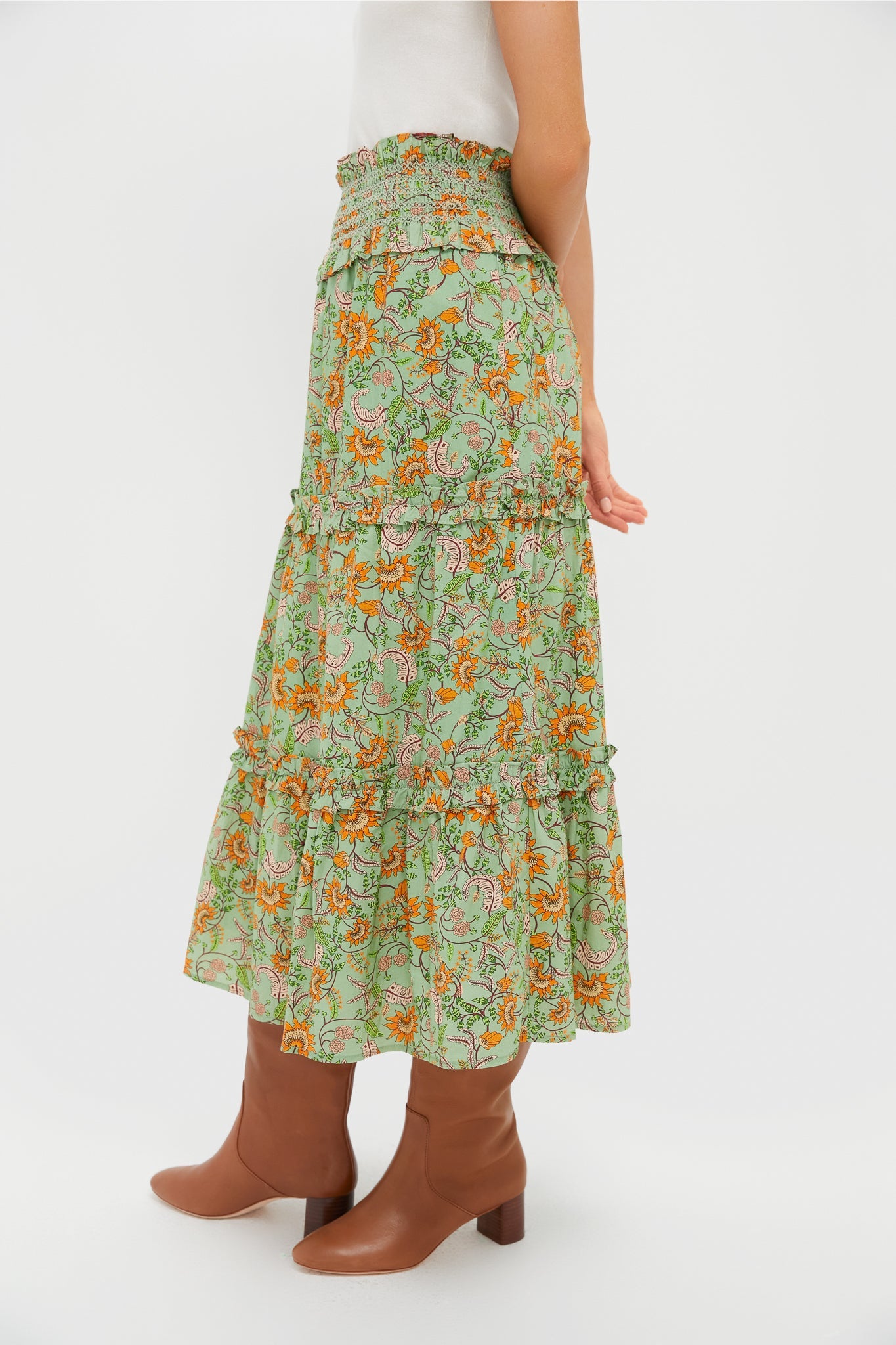 Mint and Orange Floral Smocked Odette Midi Skirt