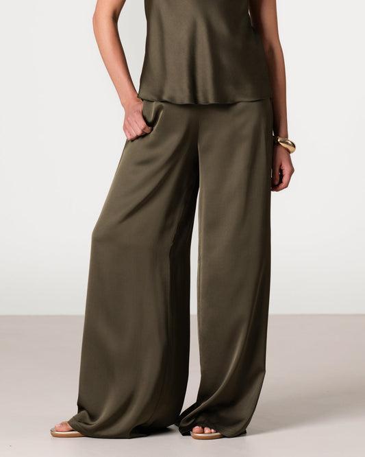 Giselle Elastic High Waist Satin Trousers | Khaki