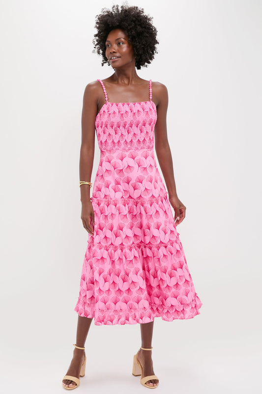 Pink and Raspberry Ginkgo Floral Augustine Midi Dress