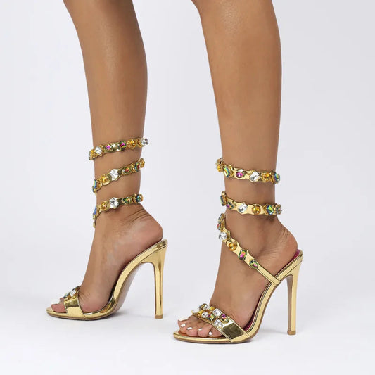 Crystal Gothic Decorated Wraparound Sandals Tall Heel