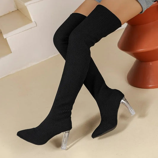 Sexy Pointed Slim Black Over The Knee Plus Size Transparent High Heel Knee High Boot