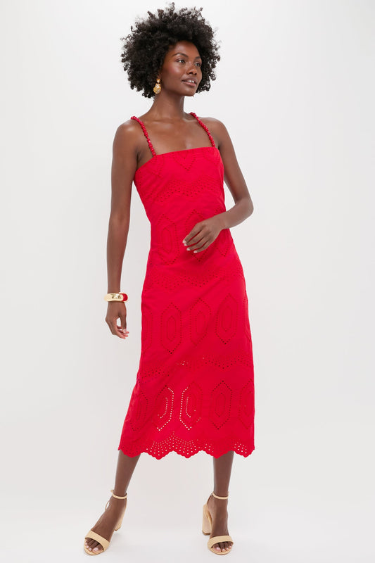 Red Eyelet Beaded Strap Midi Ibiza Dress