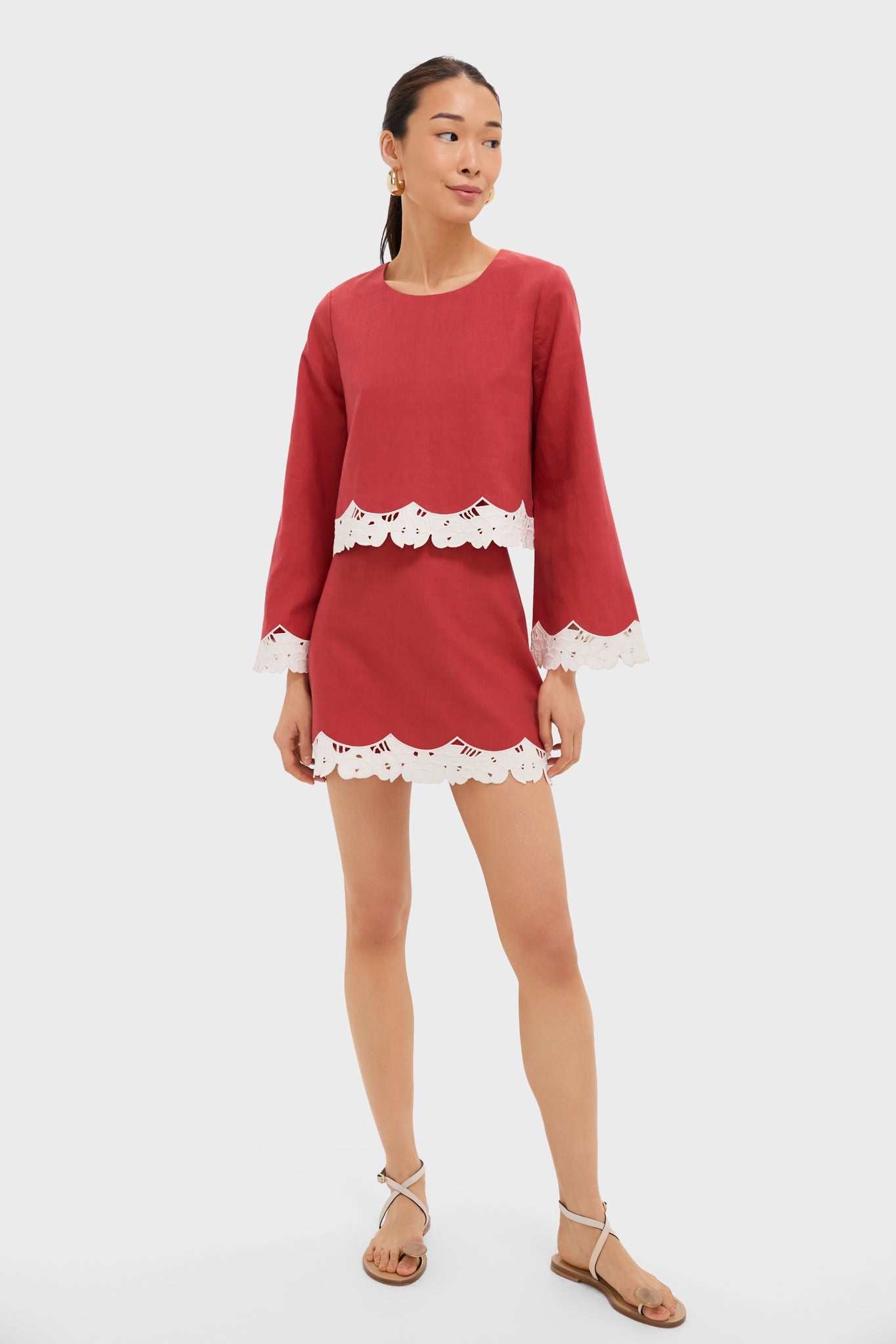 Red Eyelet Trim Cotton Linen Meg Mini Skirt