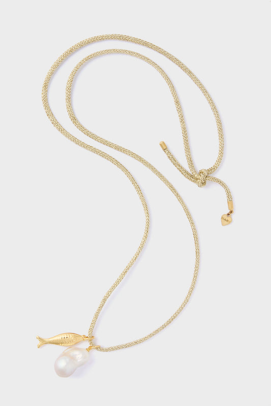 Gold Lurex Cord Necklace with Baroque Pearl and Gold Fish Charms